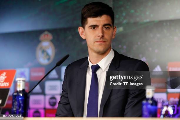 Thibaut Courtois of Real Madrid looks on during the presentation at Estadio Santiago Bernabeu on August 9, 2018 in Madrid, Spain.