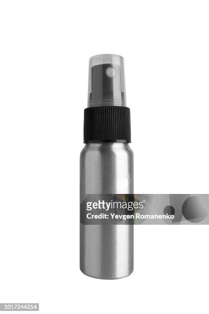 metal bottle with spray on white background - shampoo bottle white background stock-fotos und bilder