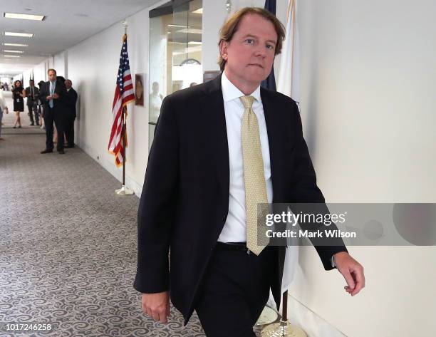 White House lawyer, Don McGahn, escorts Supreme Court Justice nominee Judge Brett Kavanaugh to a meeting with Sen. Joe Donnelly on August 15, 2018 in...