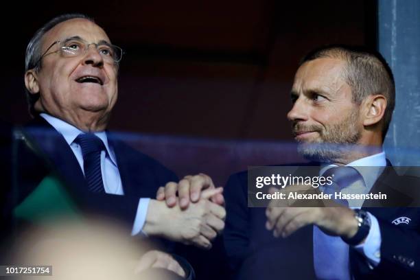 Florentino Pérez, President of Real Madrid and Aleksander Ceferin, President of UEFA shake hands during the UEFA Super Cup between Real Madrid and...