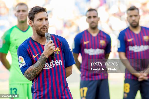 Barcelona's Leo Messi speaching presented prior the Joan Gamper trophy match between FC Barcelona and Boca Juniors at Camp Nou Stadium in Barcelona,...