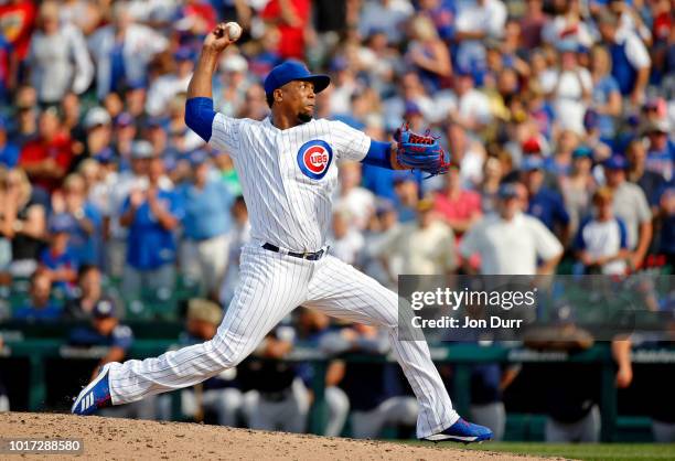 Pedro Strop of the Chicago Cubs pitches against the Milwaukee Brewers during the ninth inning at Wrigley Field on August 15, 2018 in Chicago,...