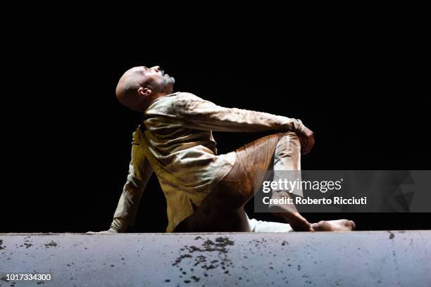 Dancer and choreographer Akram Khan performs 'Xenos' on stage during a photocall for the Edinburgh International Festival 2018 at Festival Theatre on...