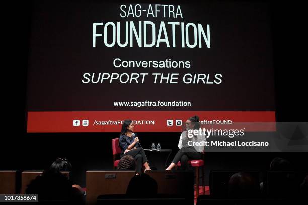 Moderator, actress Azia Celestino and actress Regina Hall take part in the SAG-AFTRA Foundation Conversations for the film "Support The Girls" at The...