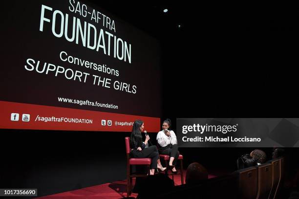 Moderator, actress Azia Celestino and actress Regina Hall take part in the SAG-AFTRA Foundation Conversations for the film "Support The Girls" at The...