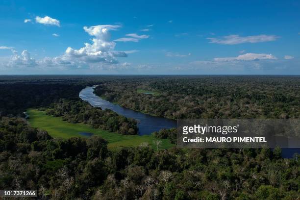 Drone view of the Jaraua river, at Mamiraua Sustainable Development Reserve in Amazonas state, Brazil, on June 28, 2018.