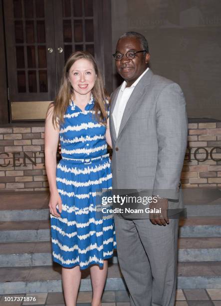 Chelsea Clinton poses onstage with producer Harvey Butler at the "Little Rock" off Broadway show at The Sheen Center on August 15, 2018 in New York...