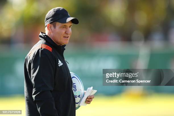 Black Ferns Coach Glenn Moore talks to players during a New Zealand Black Ferns training session at Coogee Oval on August 16, 2018 in Sydney,...