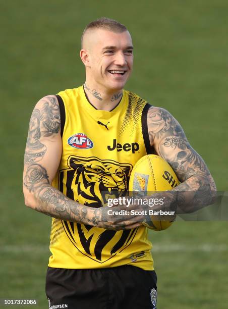 Dustin Martin of the Tigers looks on during a Richmond Tigers AFL training session at Punt Road Oval on August 16, 2018 in Melbourne, Australia.