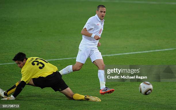 Joe Cole of England scores a goal during the friendly match between England and Platinum Stars at the Moruleng Stadium on June 7, 2010 in Moruleng,...