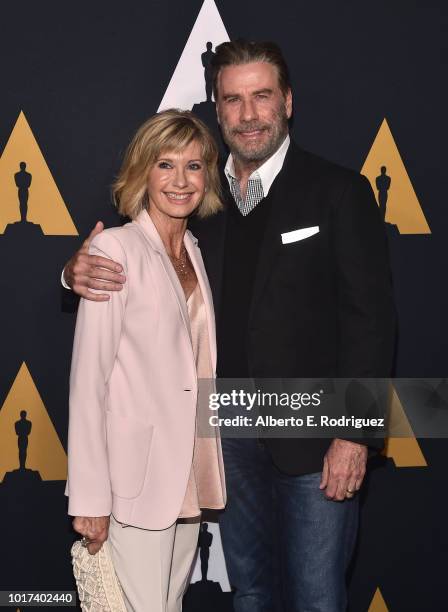 Olivia Newton-John and John Travolta attend the Academy Presents "Grease" 40th Anniversary at the Samuel Goldwyn Theater on August 15, 2018 in...