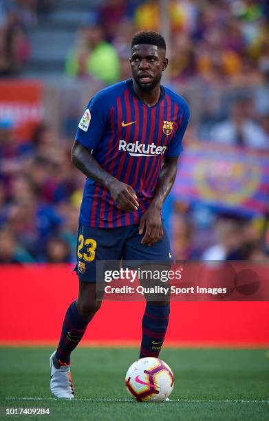 Samuel Umtiti of Barcelona in action during the Joan Gamper Trophy match between FC Barcelona and Boca Juniors at Camp Nou on August 15, 2018 in...