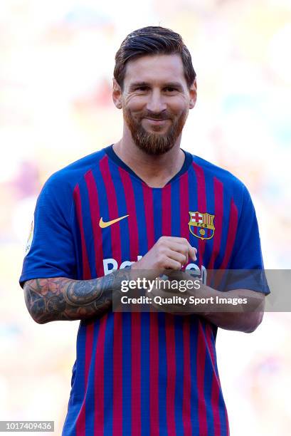 Lionel Messi of Barcelona looks on prior the Joan Gamper Trophy match between FC Barcelona and Boca Juniors at Camp Nou on August 15, 2018 in...
