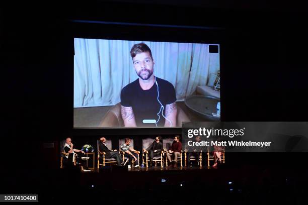 Ricky Martin video calls in as Ryan Murphy, Brad Simpson, Tom Rob Smith, Darren Criss, Edgar Ramirez, Finn Wittrock, and Alexis Martin Woodall attend...