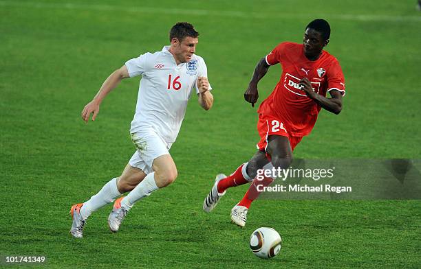 James Milner of England on the ball during the England v Platinum Stars Friendly match at the Moruleng Stadium on June 7, 2010 in Moruleng, South...