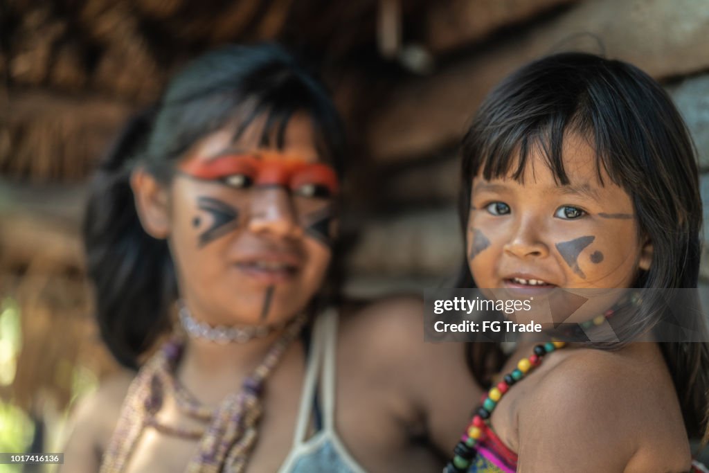 Indigenous Brazilian Young Woman and Her Child, Portrait from Tupi Guarani Ethnicity