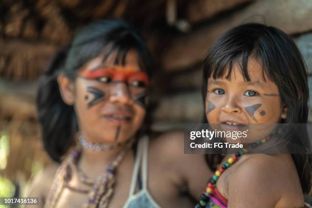 indigenous brazilian young woman and her child, portrait from tupi guarani ethnicity - amazon jungle girls stock pictures, royalty-free photos & images