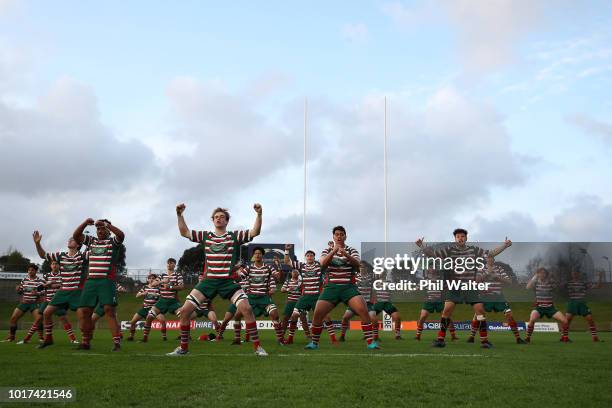 Westlake Boys perform the haka before the North Harbour First XV Final between Westlake Boys andTakapuna Grammar at QBE Stadium on August 16, 2018 in...