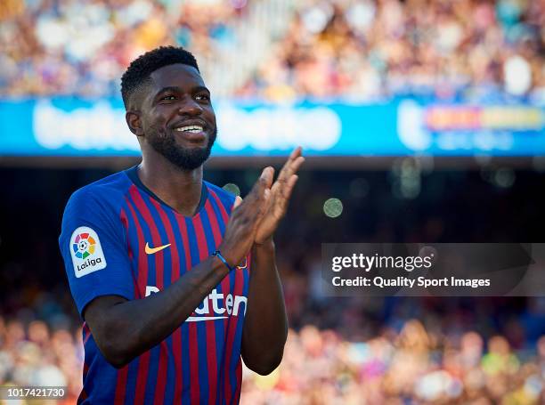 Samuel Umtiti of Barcelona prior to the Joan Gamper Trophy match between FC Barcelona and Boca Juniors at Camp Nou on August 15, 2018 in Barcelona,...