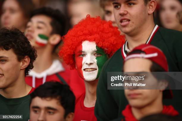 Westlake supporter during the North Harbour First XV Final between Westlake Boys andTakapuna Grammar at QBE Stadium on August 16, 2018 in Auckland,...