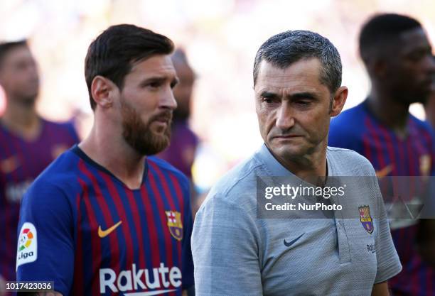 Leo Messi and Ernesto Valverde during the presentation of the team 2018-19 before the match between FC Barcelona and C.A. Boca Juniors, corresponding...