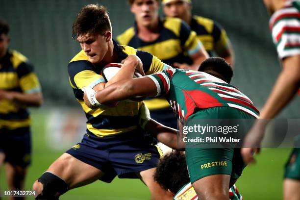 Harrison Eakin of Takapuna Grammar is tackled during the North Harbour First XV Final between Westlake Boys andTakapuna Grammar at QBE Stadium on...