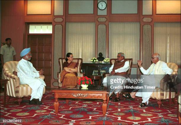 Left to Right: Congress senior leader Manmohan Singh, Congress President Sonia Gandhi, Prime Minister Atal Bihari Vajpayee and Home Minister LK...