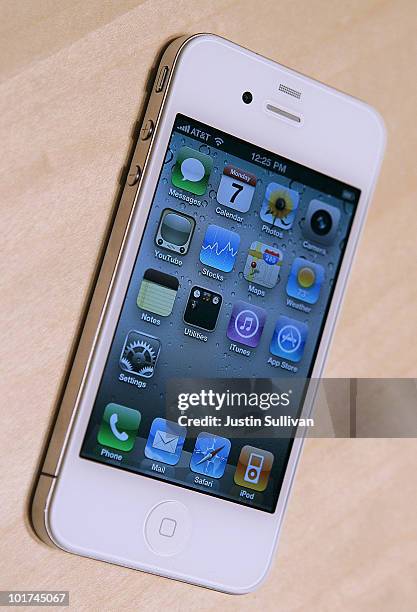 The new iPhone 4 is displayed at the 2010 Apple World Wide Developers conference June 7, 2010 in San Francisco, California. Apple CEO Steve Jobs...