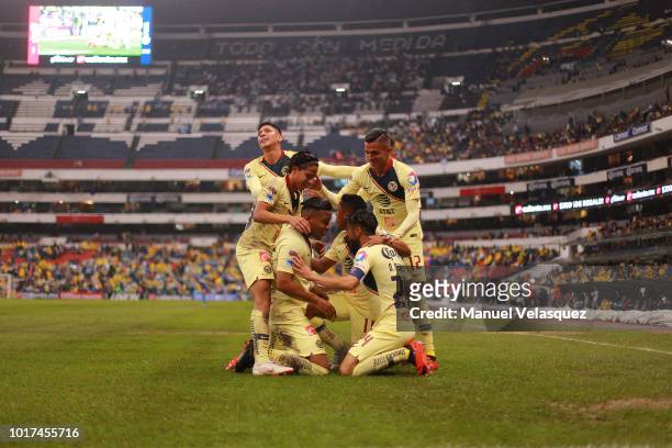 Roger Martinez of America celebrates after scoring the first goal of his team during the fourth round match between Club America and Monterrey as...