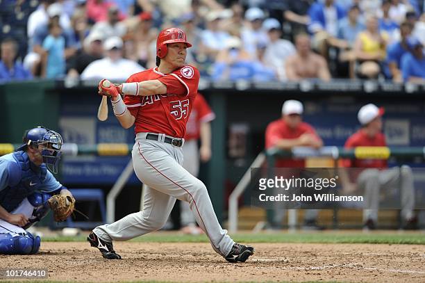 Designated hitter Hideki Matsui of the Los Angeles Angels of Anaheim bats during the game against the Kansas City Royals at Kauffman Stadium in...