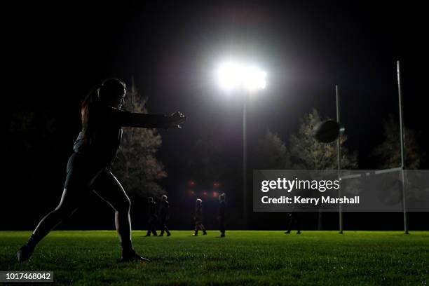 Players train under lights during a Hawke's Bay Farah Palmer Cup training session at Tareha Park on August 16, 2018 in Napier, New Zealand.