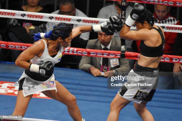 Jackie Nava and Alys Sanchez fight during the WBA Bantamweight International Championship Fight between Jackie Nava and Alys Sanchez at Arena Ciudad...