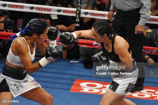 Jackie Nava and Alys Sanchez fight during the WBA Bantamweight International Championship Fight between Jackie Nava and Alys Sanchez at Arena Ciudad...
