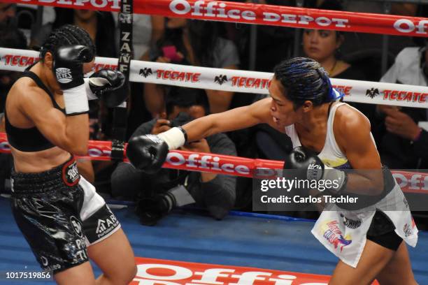 Jackie Nava and Alys Sanchez fight during the WBA Bantamweight International Championship Fight between Jackie Nava and Alys Sanchez at Arena Ciudad...