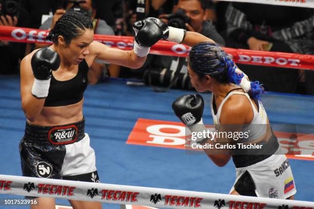 Jackie Nava and Alys Sanchez fight during the WBA Bantamweight International Championship Fight between Jackie Nava and Alys Sanchez at Arena Ciudad...