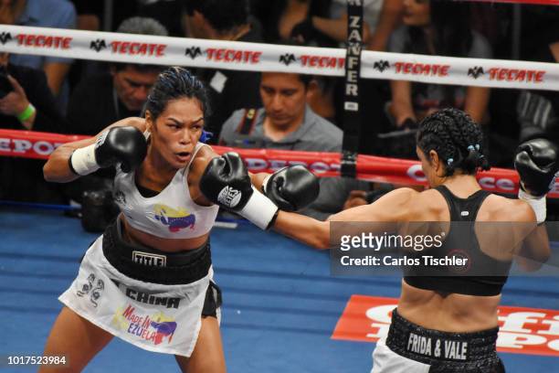 Jackie Nava and Alys Sanchez fight during the WBA Bantamweight International Championship Fight between Jackie Nava and Alys Sanchez at Arena Ciudad...