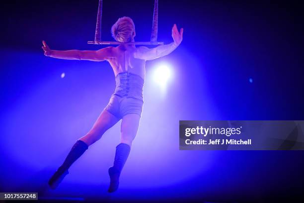 Oliver Smith-Wellnitz from Little Death Club performs on the trapeze, to mark the 250th anniversary of the circus at the Underbelly's Circus Hub on...