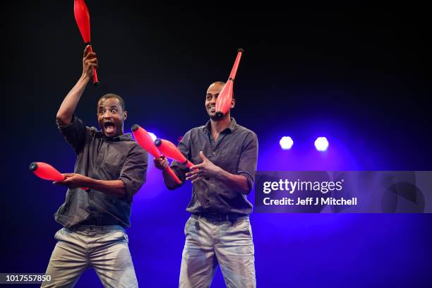 Bibi and Bichu perform Tesfamariam juggling to mark the 250th anniversary of the circus at the Underbelly's Circus Hub on August 16, 2018 in...