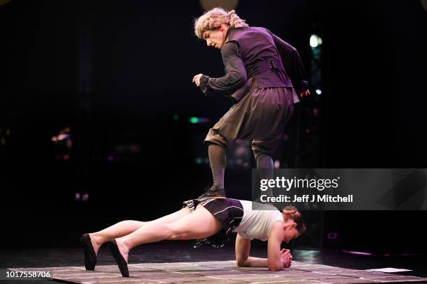 Kathryn O'keeffe and Paul O'keeffe from Circa Wolfgang perform to mark the 250th anniversary of the circus at the Underbelly's Circus Hub on August...