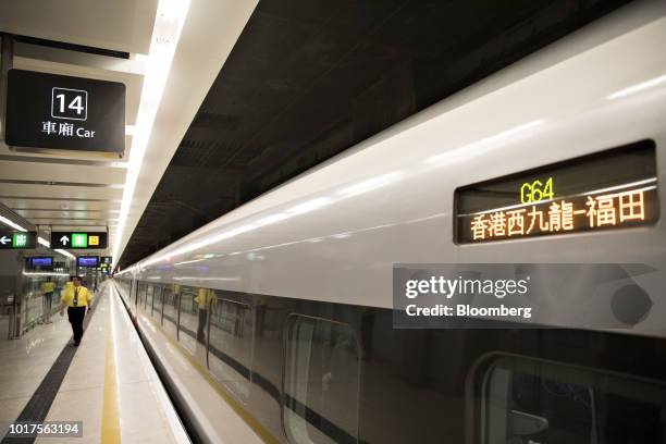 Guangzhou-Shenzhen-Hong Kong Express Rail Link train sits on a platform at the West Kowloon Terminus, developed by MTR Corp., in Hong Kong, China, on...