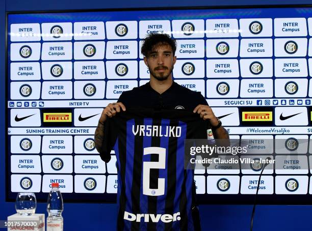 Ime Vrsaljko of FC Internazionale speaks with a media during a press conference at the club's training ground Suning Training Center in memory of...