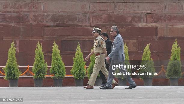 Delhi police commissioner Amulya Patnaik and other Officials check security at Red Fort on the 72nd Independence Day, on August 15, 2018 in New...