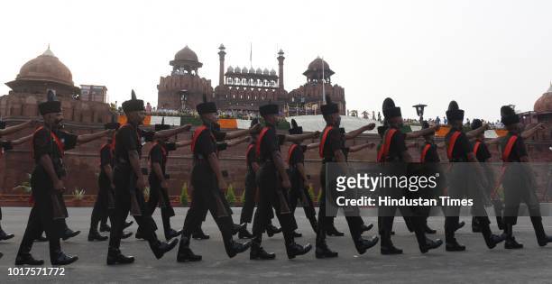 Indian Soldiers arrive for the guards of honors in front of Red Fort on the 72nd Independence Day, on August 15, 2018 in New Delhi, India. PM Modi...