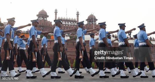Indian Soldiers arrive for the guards of honors in front of Red Fort on the 72nd Independence Day, on August 15, 2018 in New Delhi, India. PM Modi...