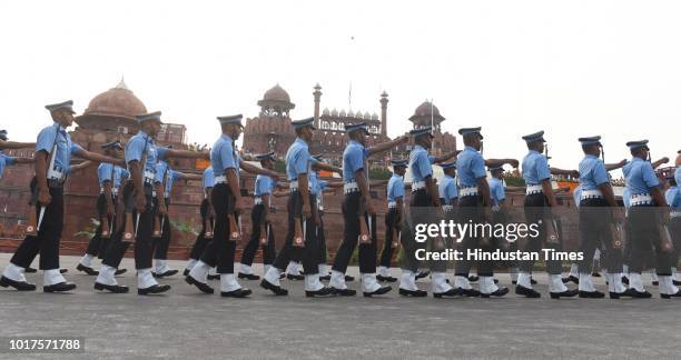 Indian Soldiers arrive for the guards of honors in front of Red Fort on the 72nd Independence Day, on August 15, 2018 in New Delhi, India. PM Modi...