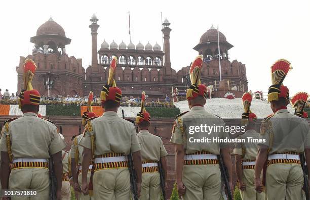 Indian Soldiers arrive for the guards of honors in front of Red Fort on the 72nd Independence Day, on August 15, 2018 in New Delhi, India. PM Modi...