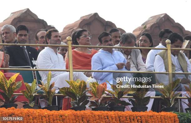 Congress Presdient Rahul Gandhi and Union Minister Nitin Gadkari and others at Red Fort on the 72nd Independence Day, on August 15, 2018 in New...