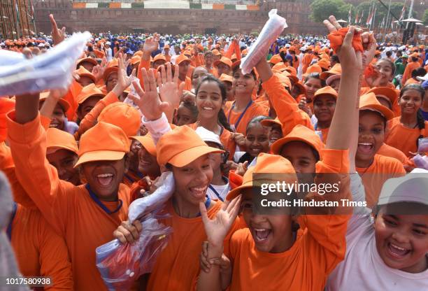 School children in front of Red Fort on the 72nd Independence Day, on August 15, 2018 in New Delhi, India. PM Modi said the country is filled with...