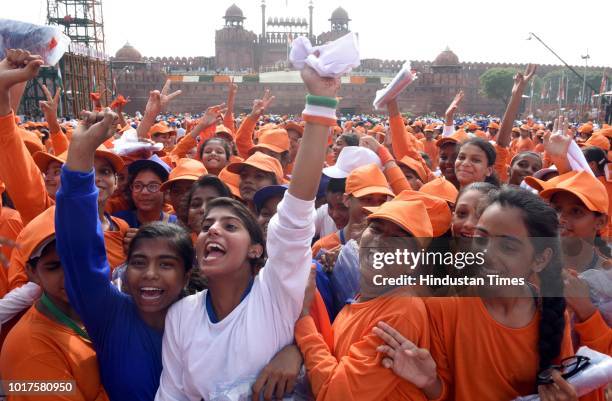 School children in front of Red Fort on the 72nd Independence Day, on August 15, 2018 in New Delhi, India. PM Modi said the country is filled with...