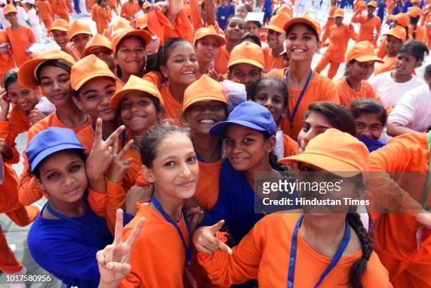 School children in front of Red Fort on the 72nd Independence Day, on August 15, 2018 in New Delhi, India. PM Modi said the country is filled with...